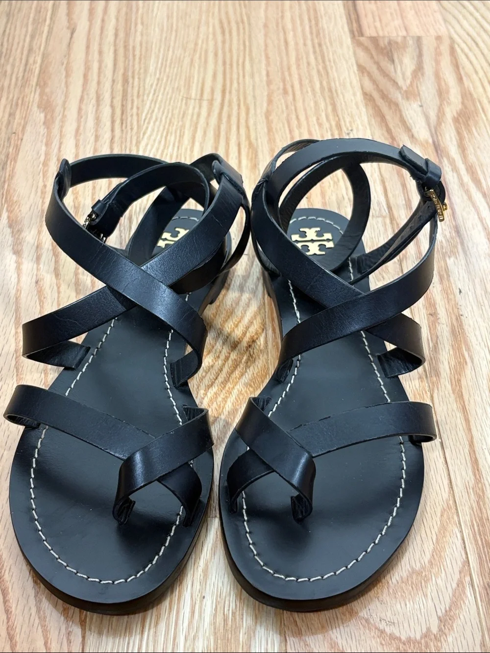 Tory Burch Black Leather Strappy Ankle Wrap Sandals - Picture 2 of 5